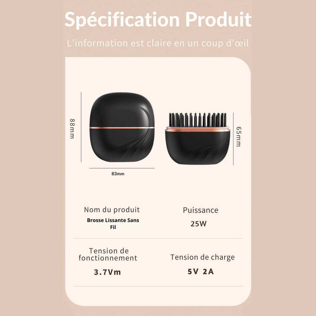 Spécifications du produit Brosse Lissante Sans Fil avec dimensions et puissance détaillées.