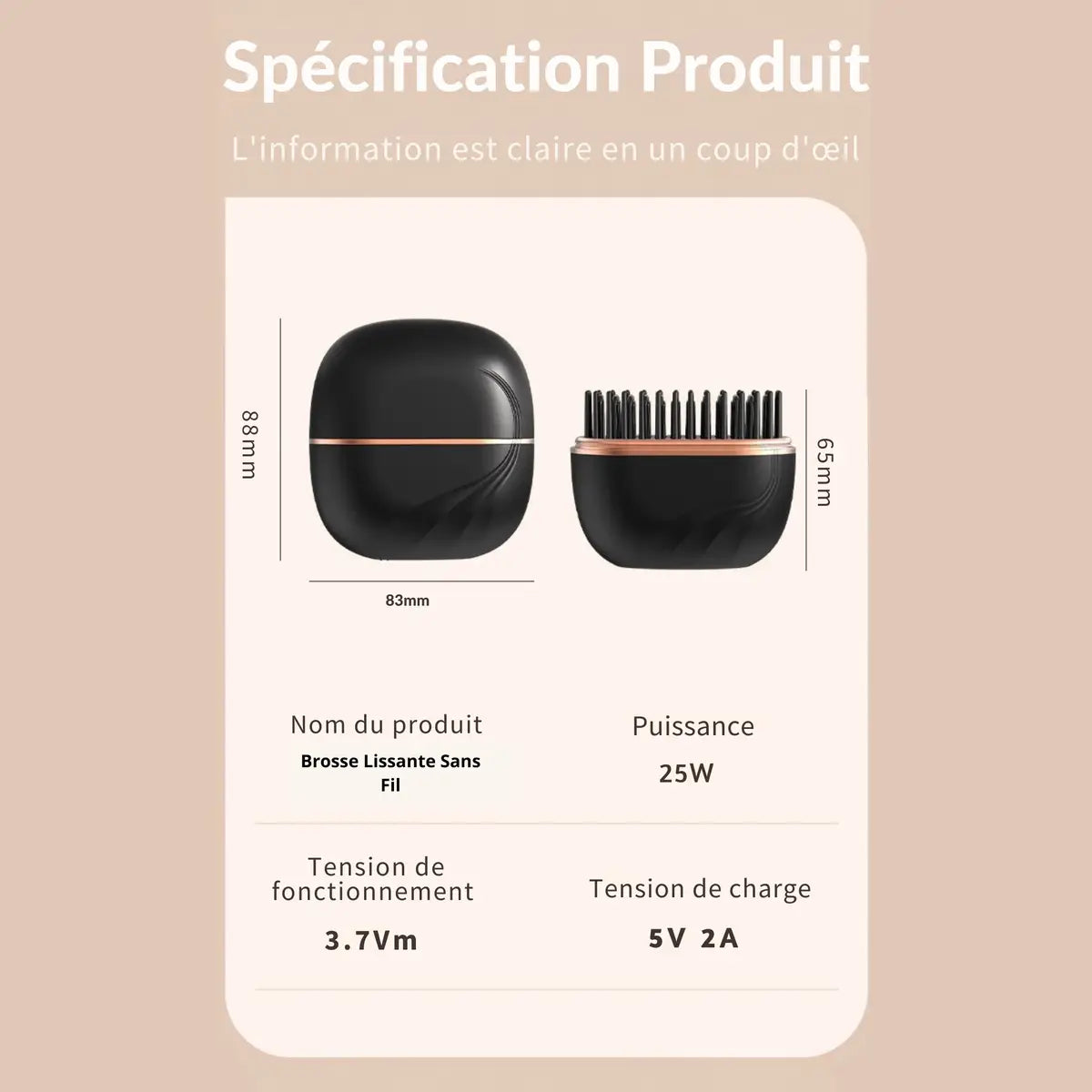 Dimensions et spécifications techniques de la mini brosse lissante de voyage Charlyss