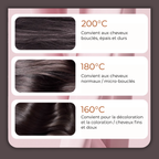 Températures recommandées pour la brosse lissante sans fil Charlyss™ avec descriptifs des types de cheveux.