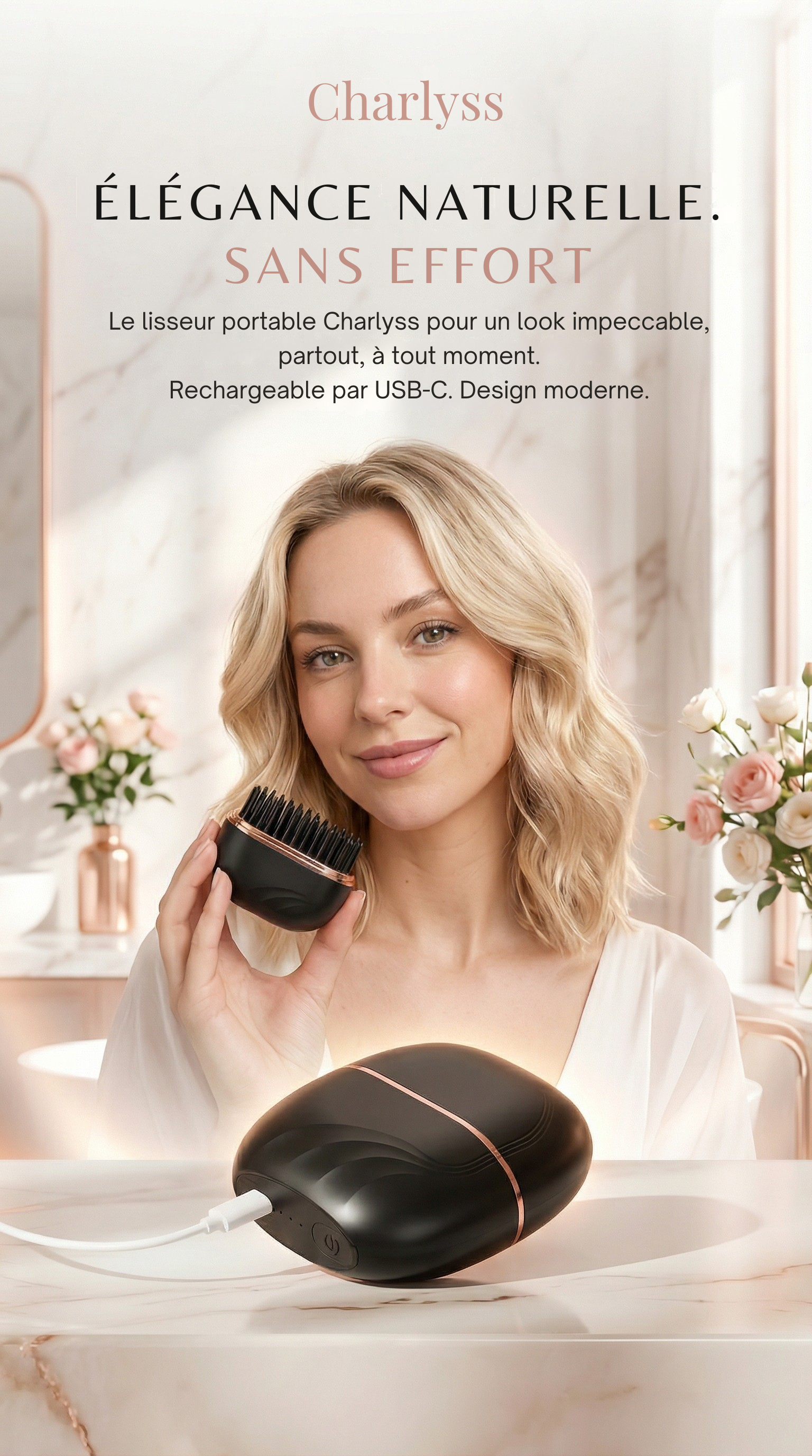 Femme utilisant la brosse lissante sans fil Charlyss pour un look élégant, rechargeable par USB-C.