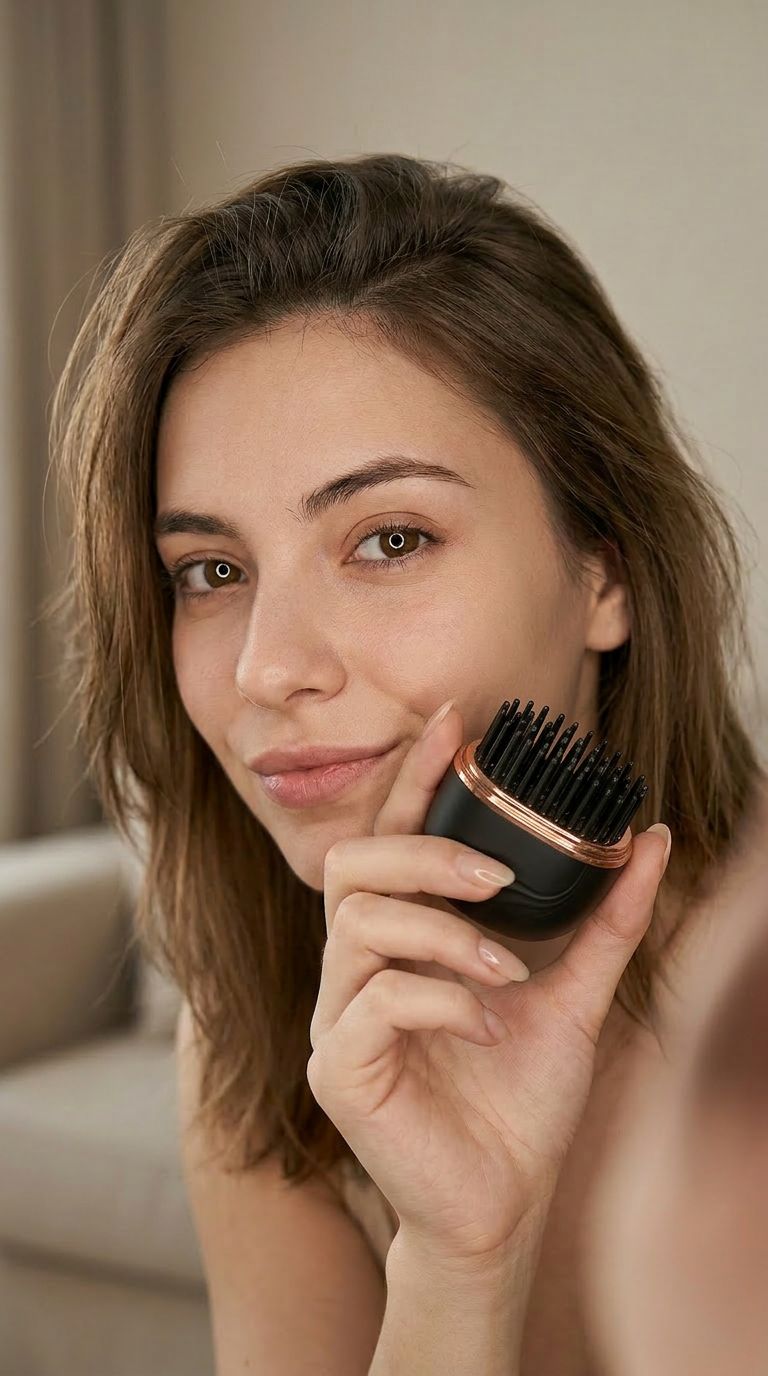Femme souriante tenant une brosse lissante sans fil Charlyss™ devant un miroir.