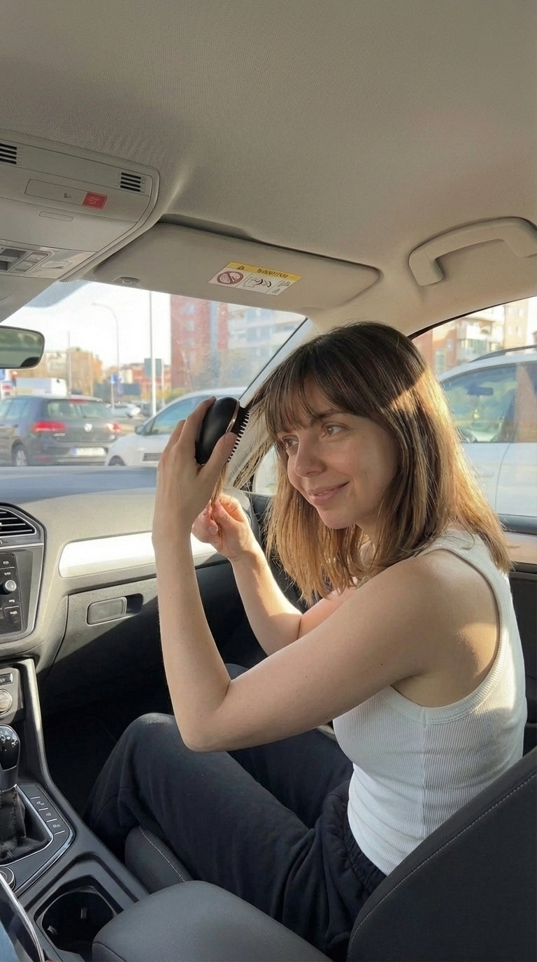 Une femme utilise une brosse lissante sans fil Charlyss™ dans une voiture, préparant ses cheveux avant de sortir.